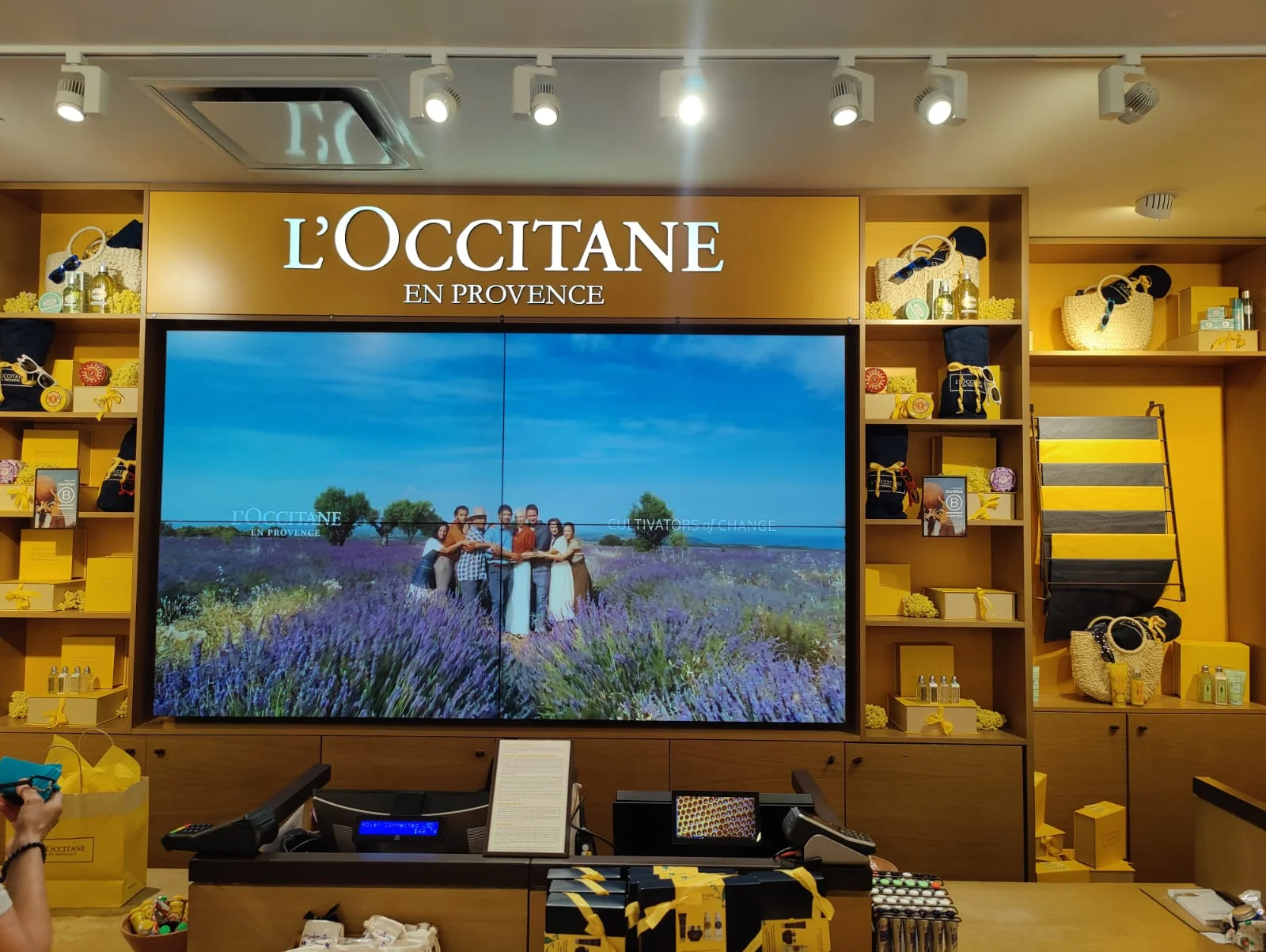 Retail flagship store interior with brand-storytelling digital signage